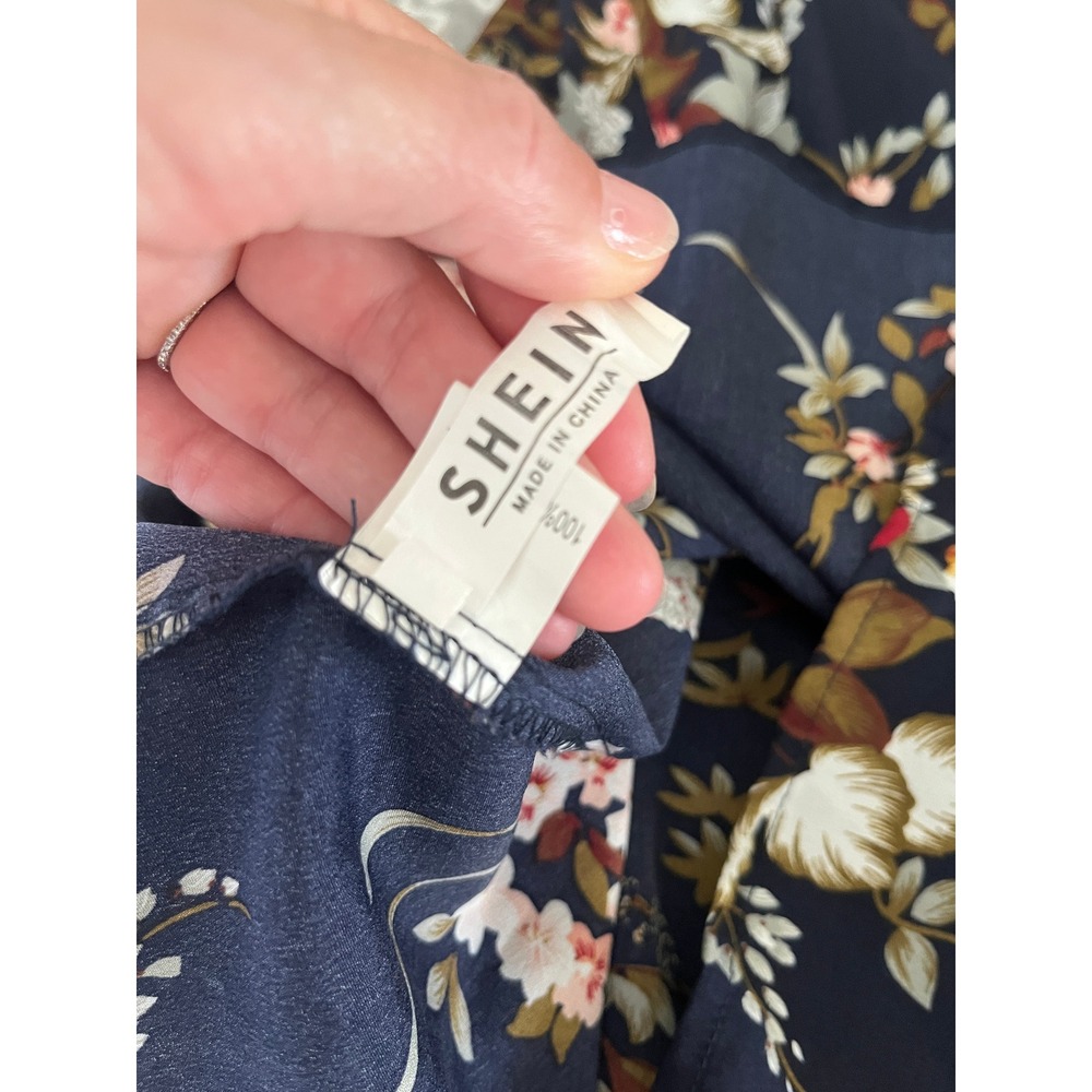Navy Blue Floral Off the Shoulder Mini Dress Small Tie Sleeve Boho Chic Summer - Picture 5 of 7